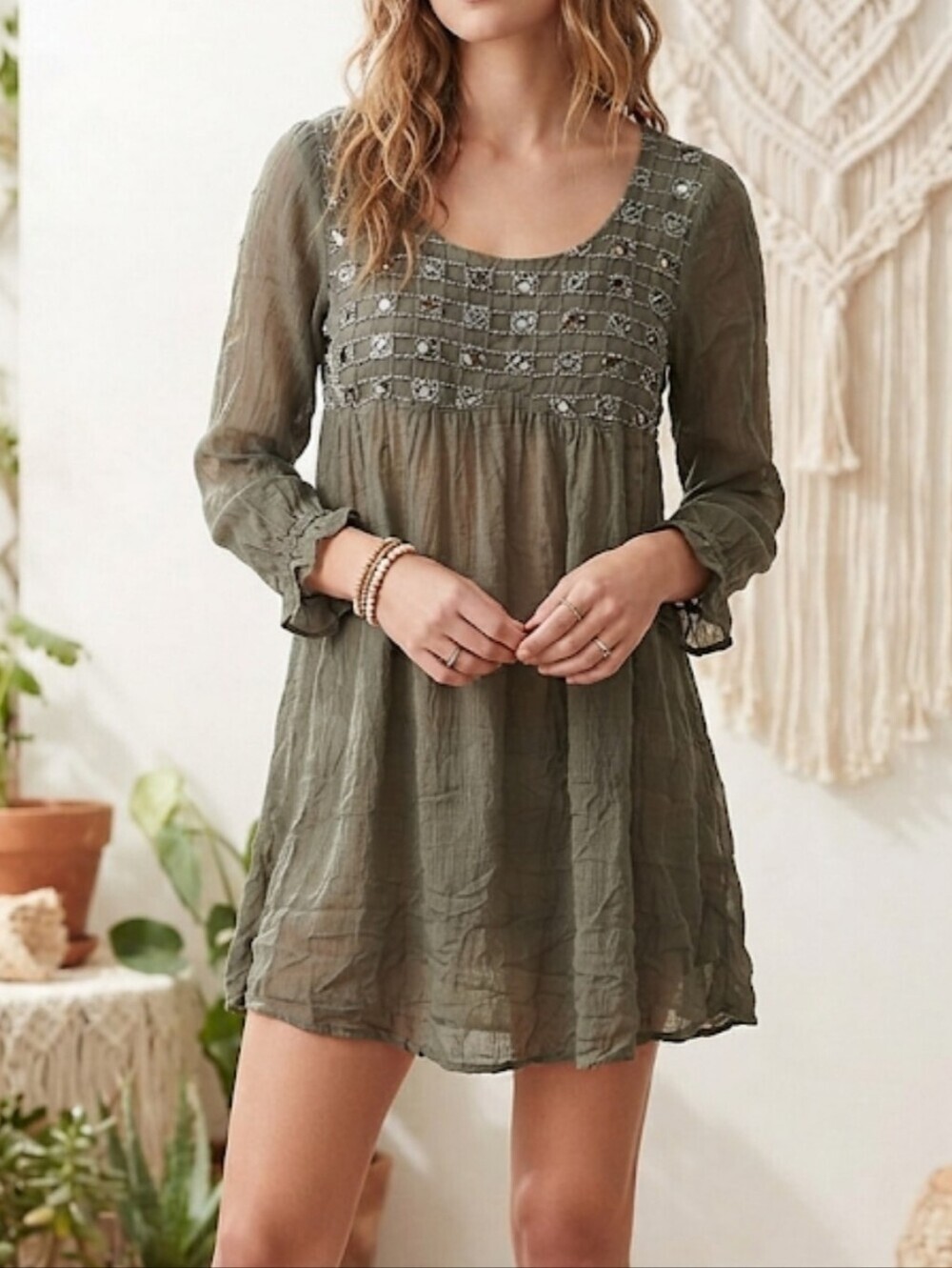 Anthropologie Raga Women Boho HOBO Long slv sheer mini dress sz M